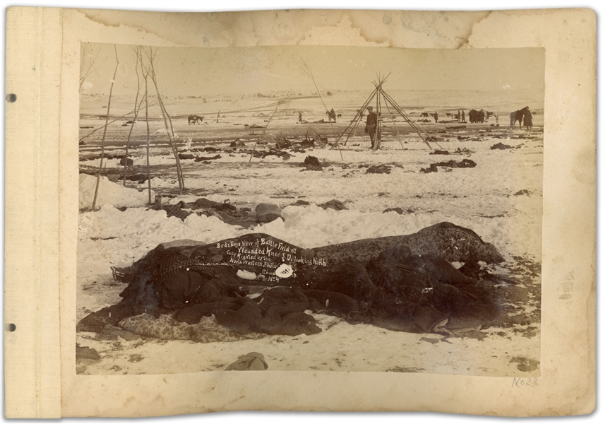 Two Original Photographs From 1891, Just Days After the Wounded Knee Massacre -- One Photograph Depicts the Battlefield With Fallen Lakota & a Destroyed Wagon